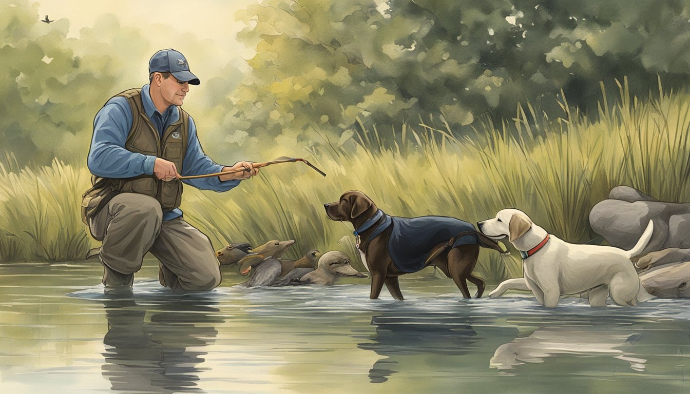 A dog trainer in Indiana instructs a Labrador retriever to retrieve a duck from a pond, while other dogs watch from the shore