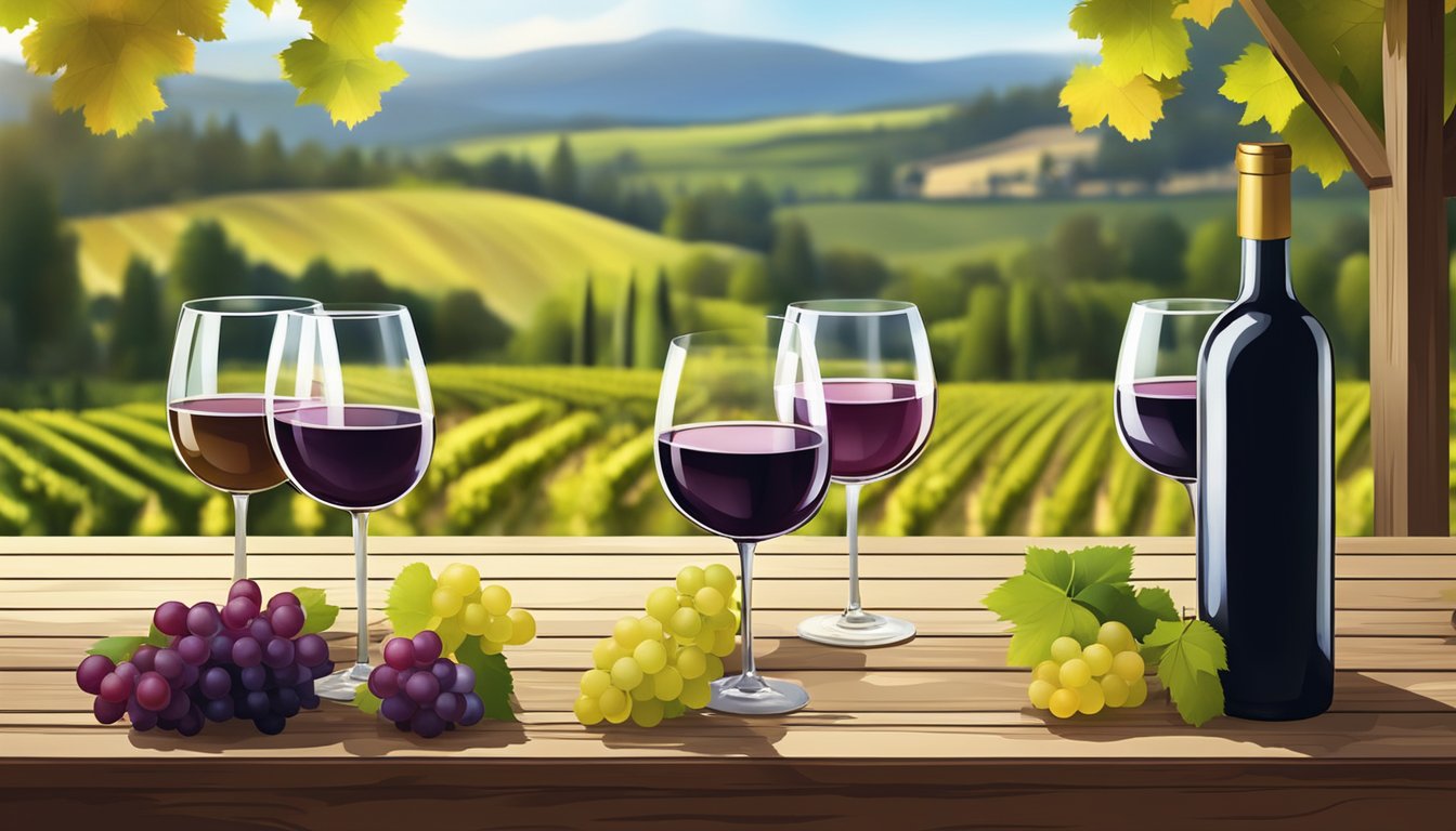 A group of wine glasses arranged on a rustic wooden table, surrounded by vineyard scenery and a warm, inviting atmosphere