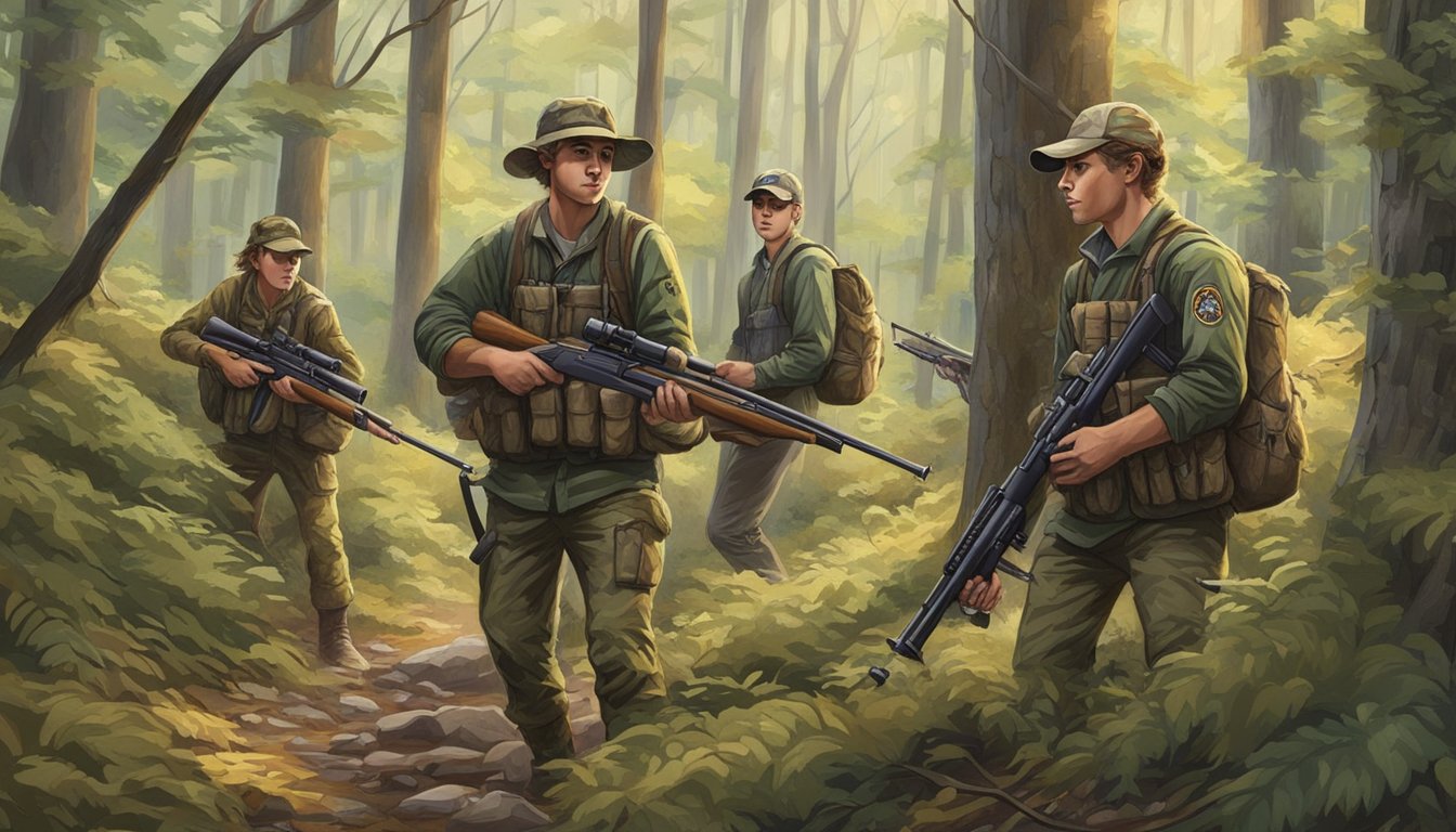 A group of young hunters in Virginia, equipped with rifles and camouflage gear, quietly stalk their prey through the dense forest