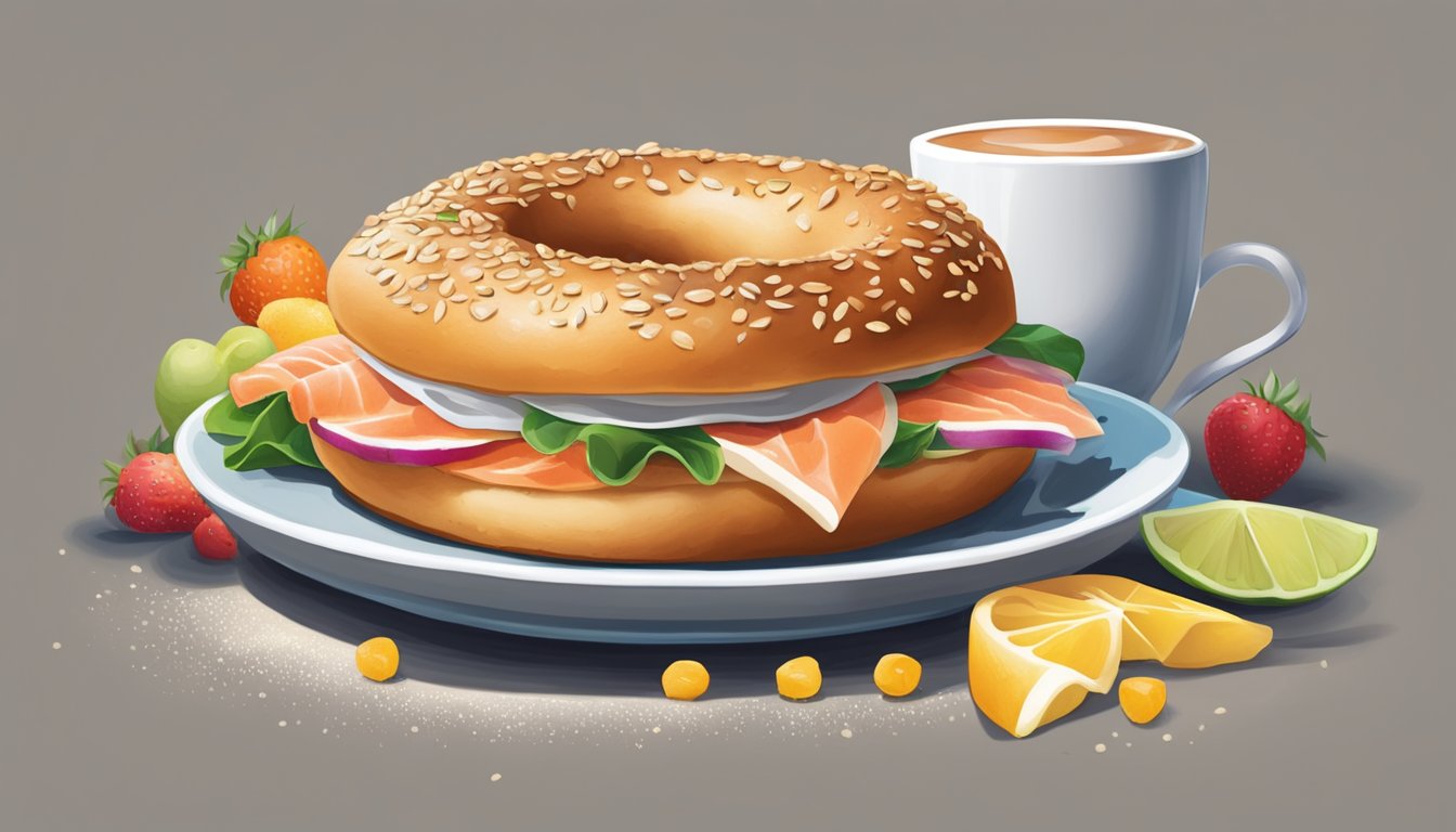 A whole wheat bagel topped with smoked salmon, surrounded by a colorful array of fresh fruits and a steaming cup of coffee