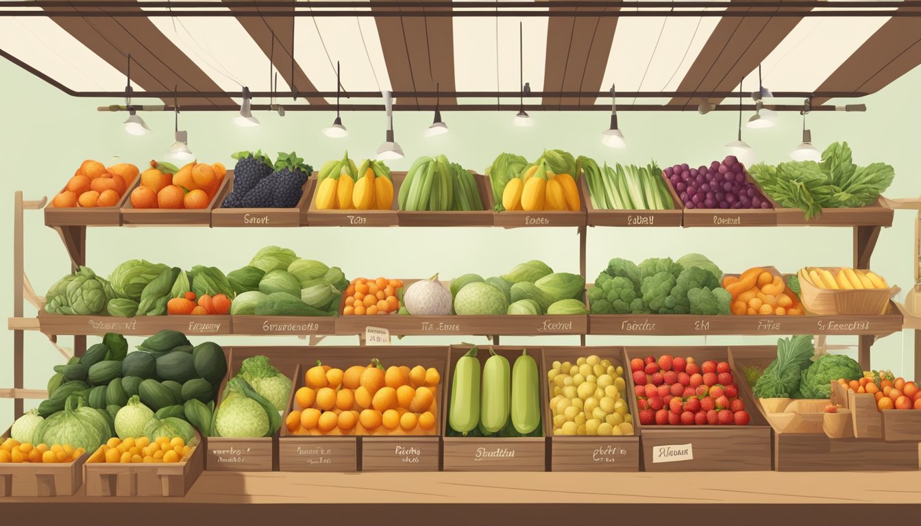 A farmer's market with a variety of fresh, colorful fruits and vegetables on display, along with organic and locally sourced products