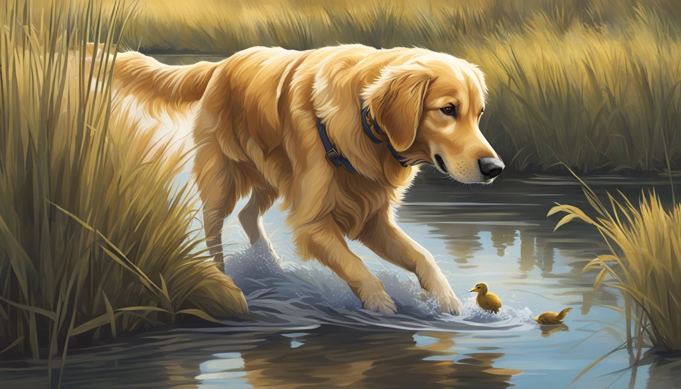 A golden retriever eagerly retrieves a fallen duck from a serene, marshy wetland surrounded by tall grasses and trees