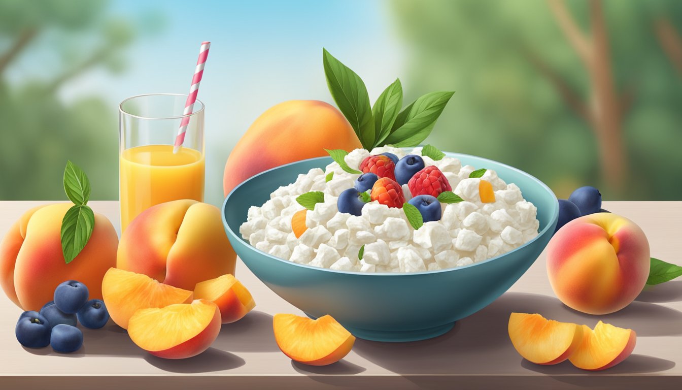 A bowl of cottage cheese topped with neatly arranged sliced peaches, surrounded by a variety of fresh fruits and a glass of orange juice