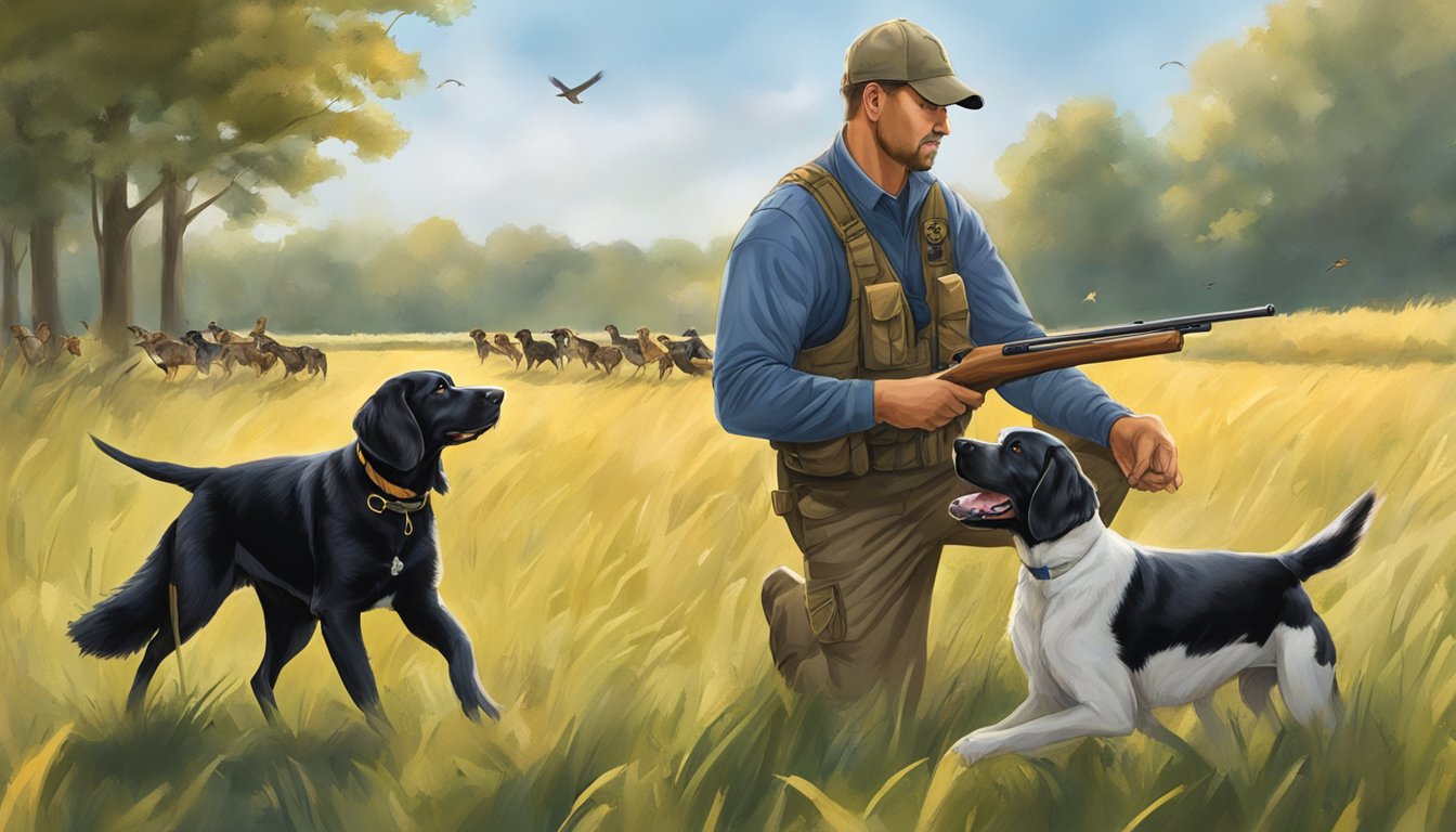 A field in Indiana, with a gun dog training in progress. The trainer is giving commands as the dog retrieves a bird