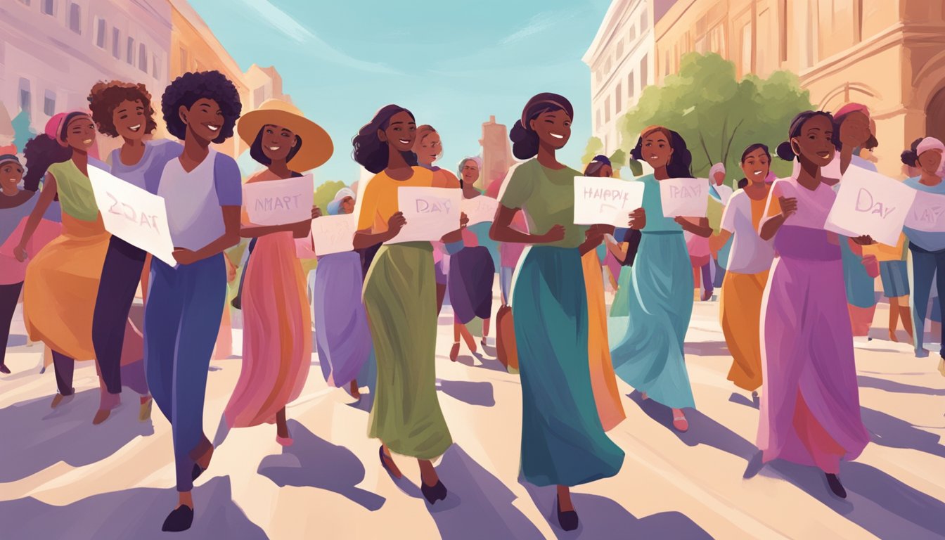 A group of women of different ages and backgrounds gather in a vibrant Texas town square, holding signs and banners, dancing, and sharing stories to celebrate International Women's Day