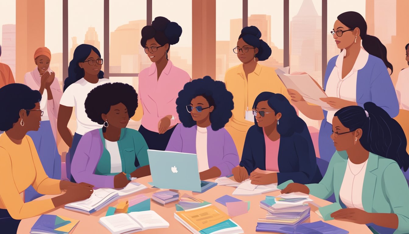 A group of diverse women gather around a table filled with educational materials and resources, celebrating International Women's Day in Texas