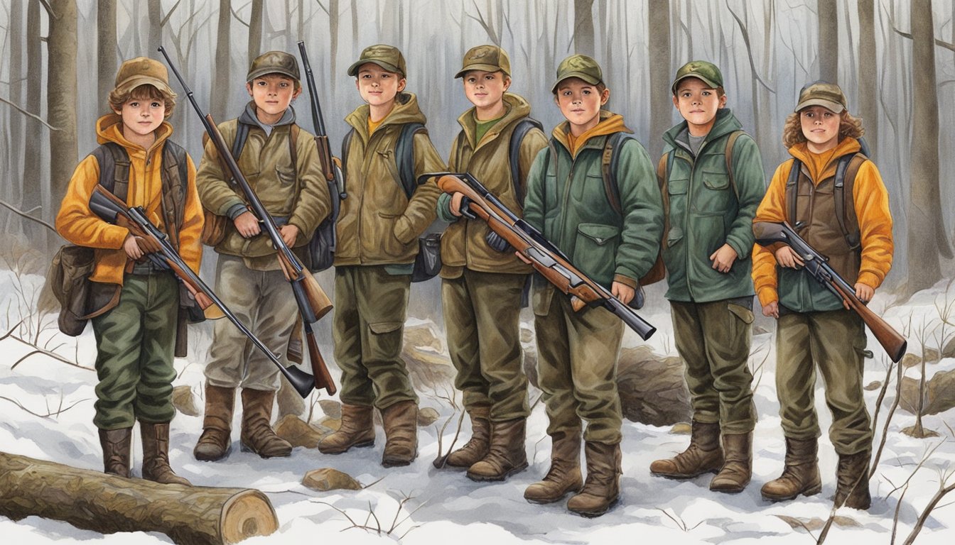 A group of young hunters gather in the West Virginia woods, rifles in hand, ready for a special youth hunting event