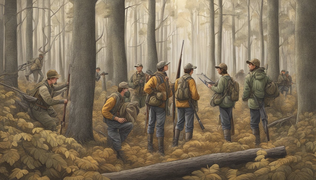 A group of young hunters gather in a forest clearing, surrounded by trees and wildlife, as they receive support and resources for their hunting activities in Virginia