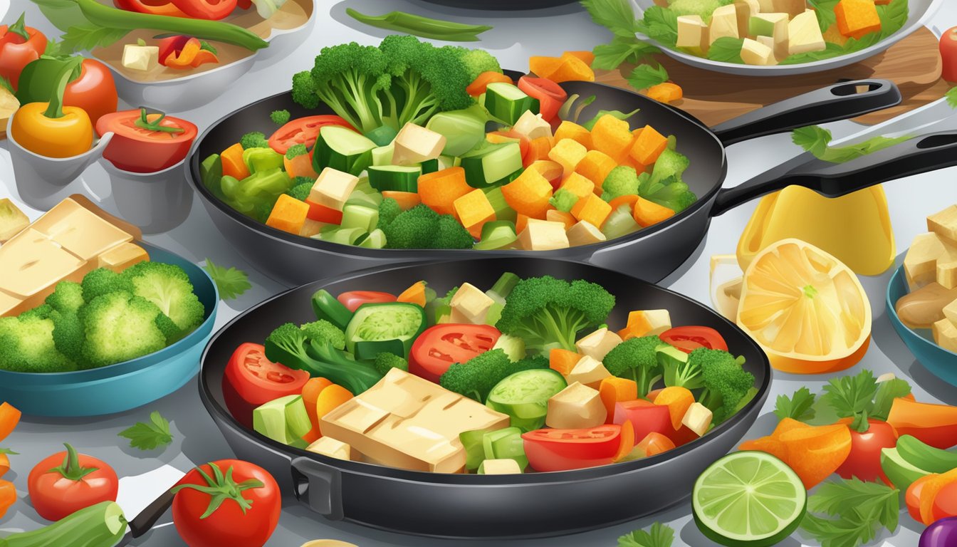 A colorful array of chopped vegetables sizzling in a pan with tofu, creating a vibrant and healthy breakfast