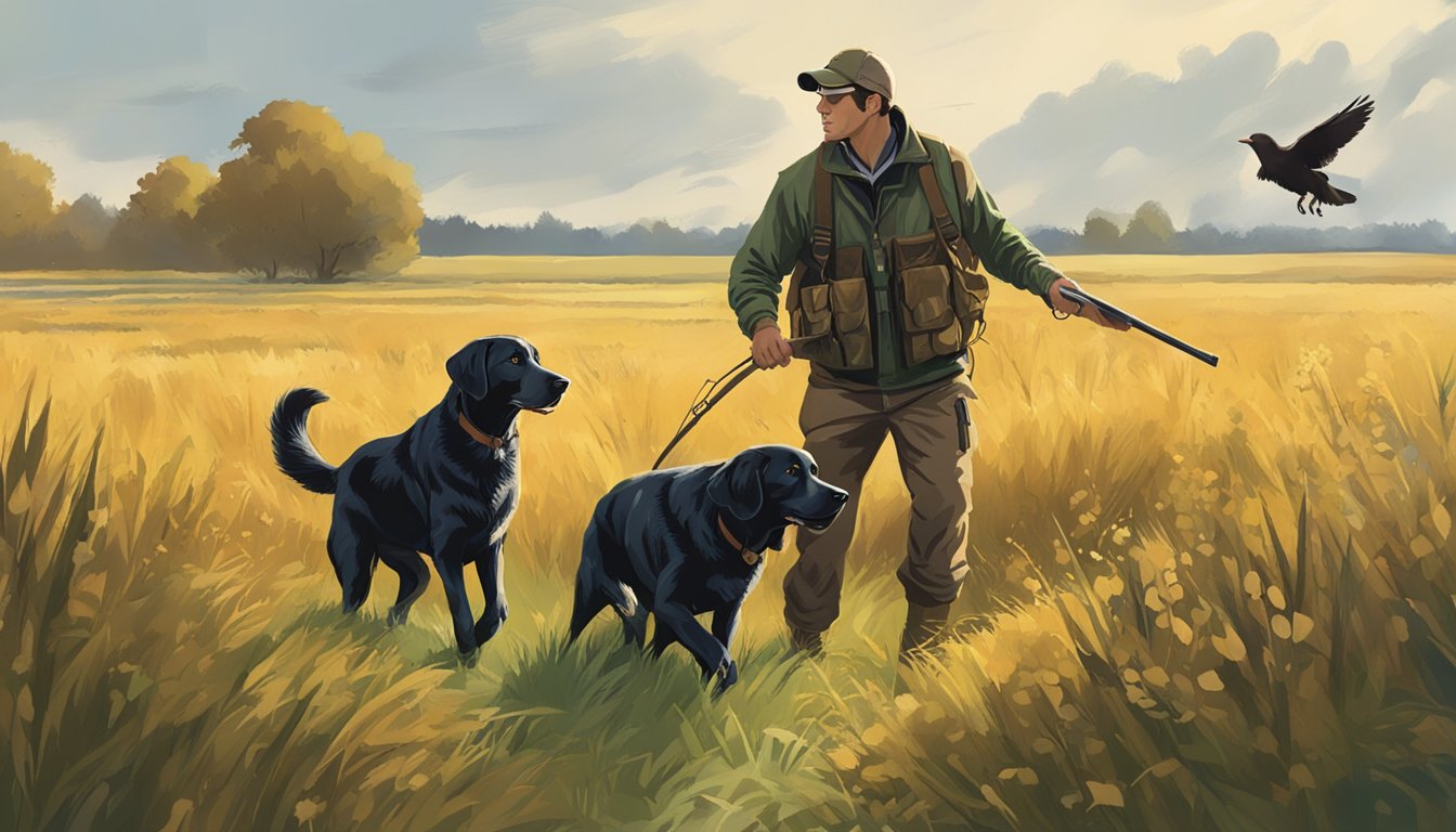 A hunter in a field directing a retriever to retrieve a fallen bird