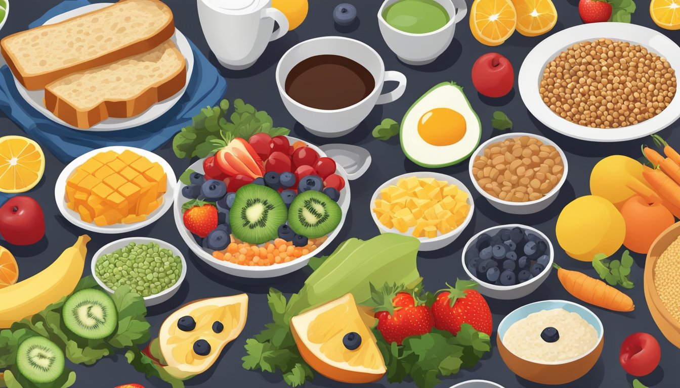 A colorful breakfast spread with a variety of fruits, vegetables, grains, and proteins arranged on a table