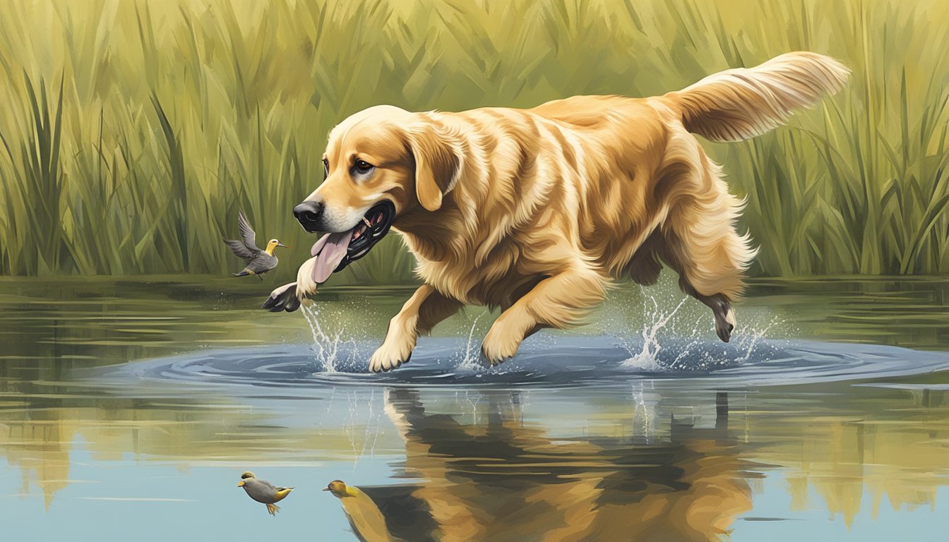 A golden retriever retrieves a duck from a pond in a rural Kentucky field during gun dog training