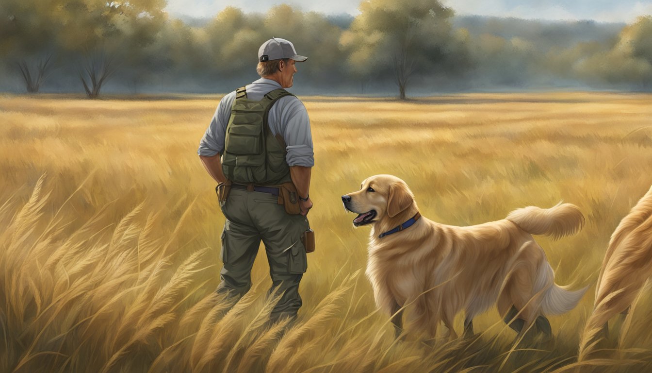 A golden retriever stands poised in a field, alert and focused, as its trainer gives commands during gun dog training in the Kentucky countryside