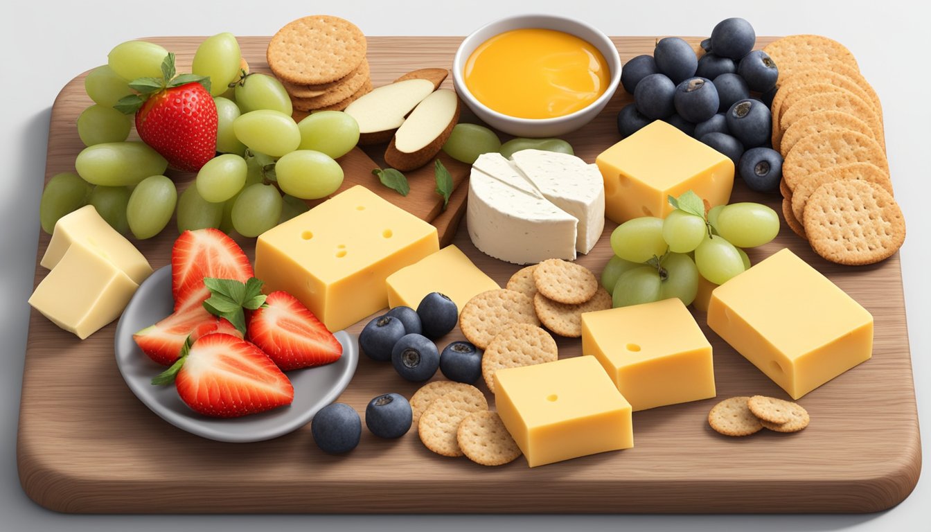 A platter with cheese cubes, whole grain crackers, and fresh fruit arranged on a wooden board