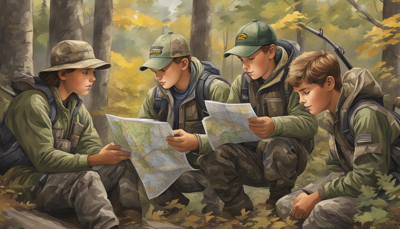 A group of young hunters in camouflage gear gather around a mentor, studying a map of the Wisconsin wilderness. They appear eager and focused