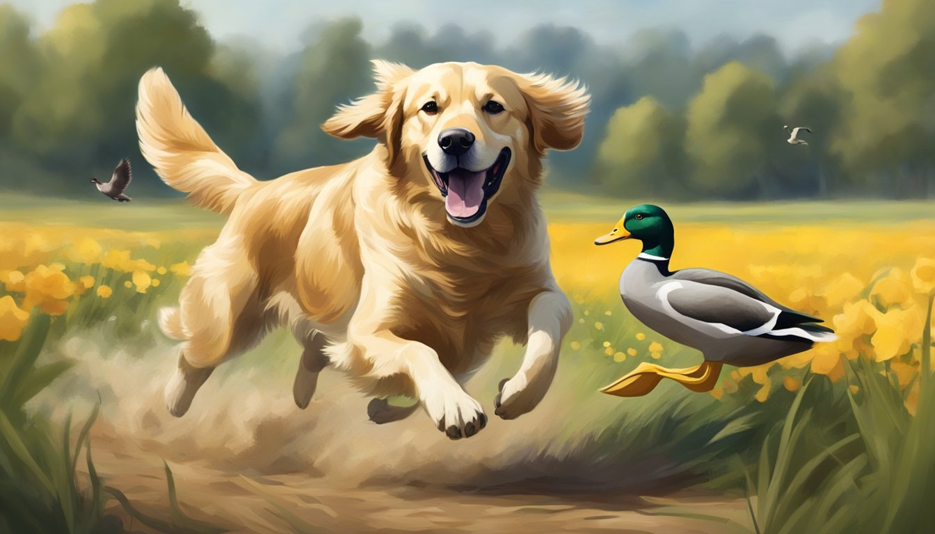 A retriever dog running through a field with a duck in its mouth, a trainer in the background with a whistle and hand signal