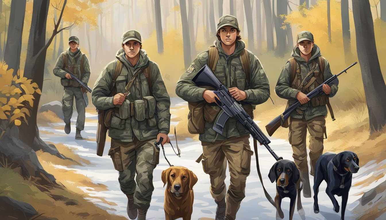 A group of young hunters in camouflage gear, carrying rifles and backpacks, walking through a wooded area with a hunting dog by their side