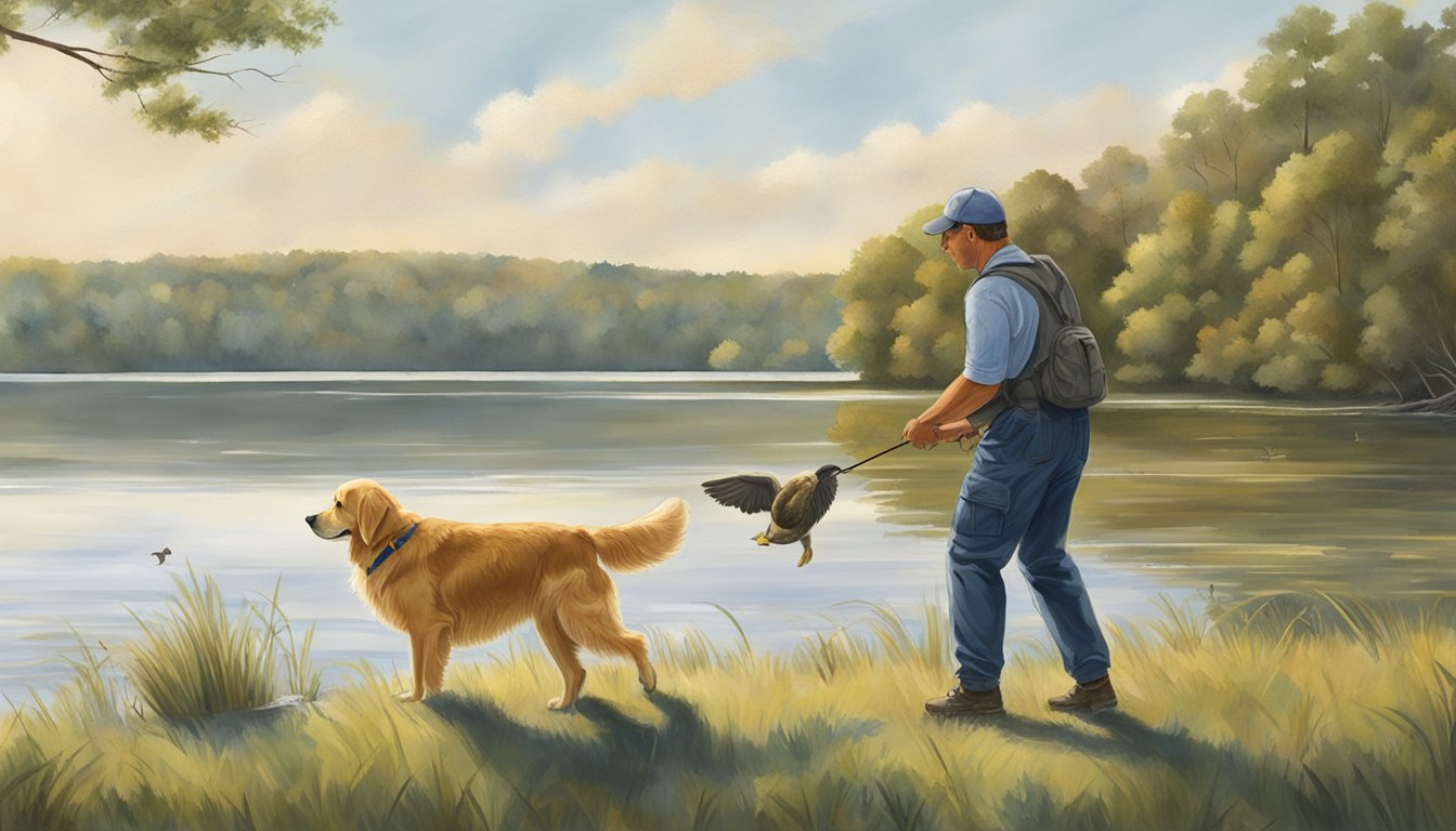 A golden retriever eagerly retrieves a duck from a serene Alabama lake, while its trainer observes from the shore