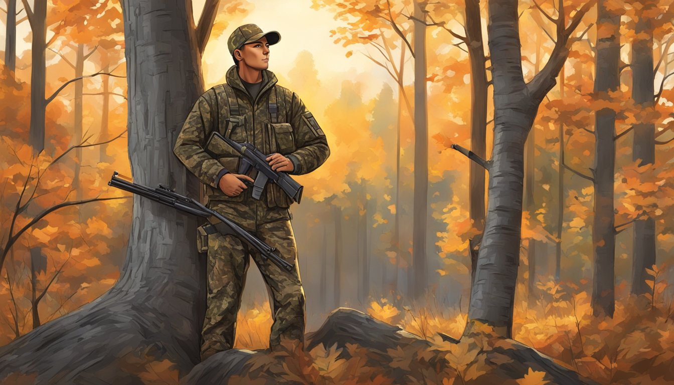 A young deer hunter in Wisconsin, dressed in camouflage, patiently waits in a tree stand as the sun rises over the autumn forest