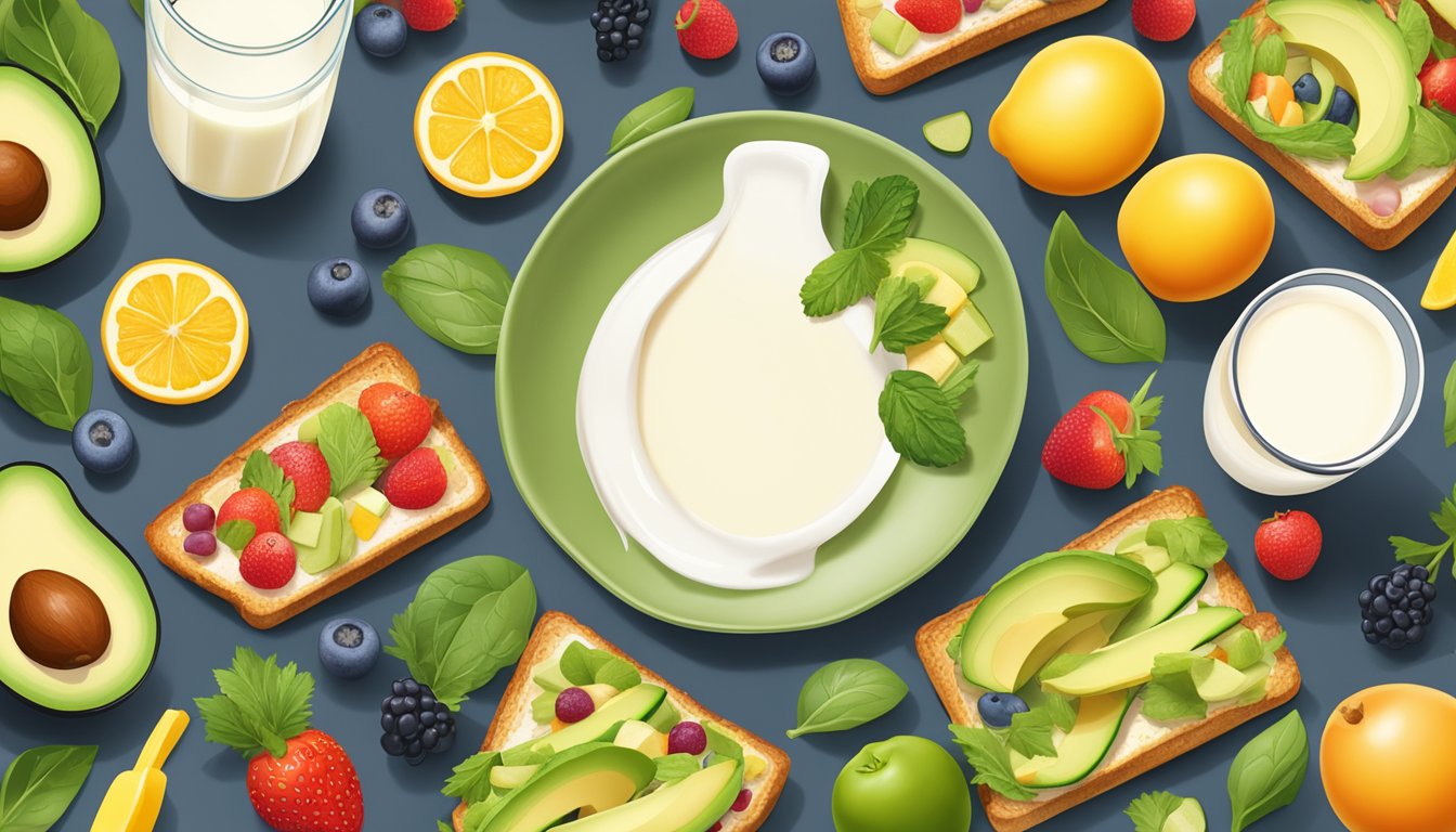 A plate of avocado toast bites surrounded by colorful, fresh fruits and vegetables, with a glass of milk on the side