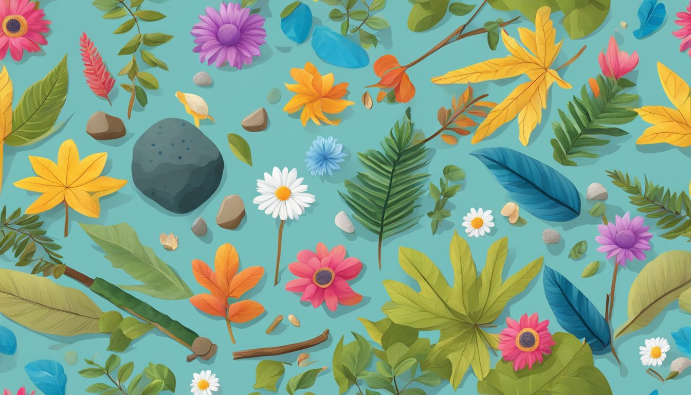 A colorful array of nature items scattered on the ground, including leaves, rocks, flowers, and sticks, with a bright blue sky overhead