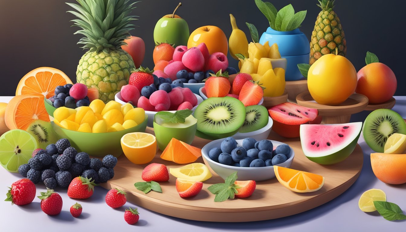 A colorful fruit paint palette arranged on a table, surrounded by various edible food art creations