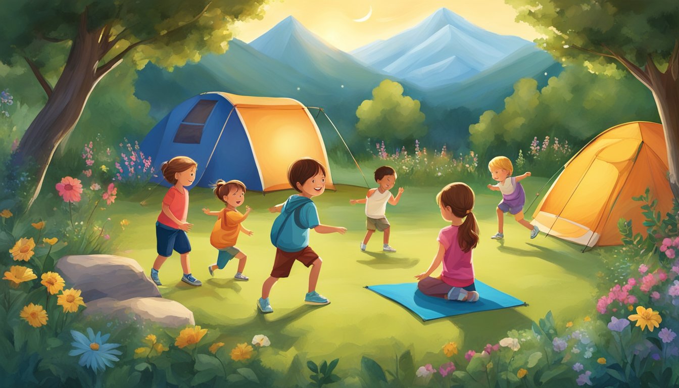 Children playing in a garden, camping under the stars, hiking, biking, swimming, and doing yoga in the sunshine