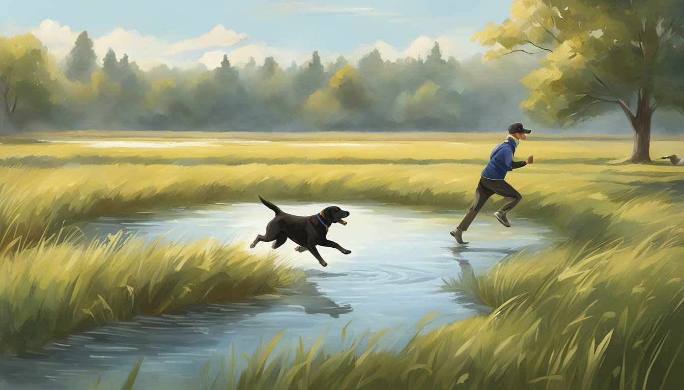 A Labrador retriever running through an open field, retrieving a duck from a pond, while a trainer gives commands in the background