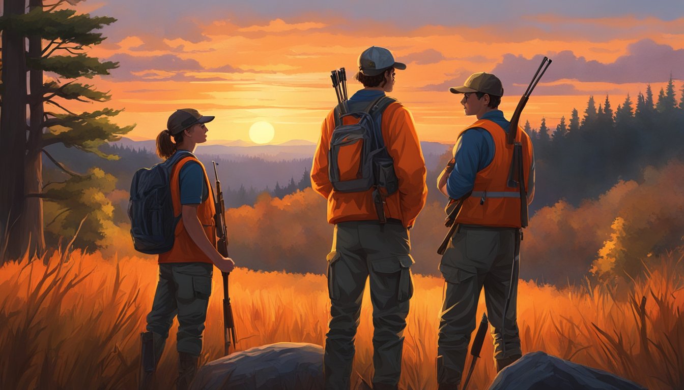 A group of young hunters in bright orange vests stand in a wooded area, accompanied by adult mentors. The sun is setting, casting a warm glow over the scene