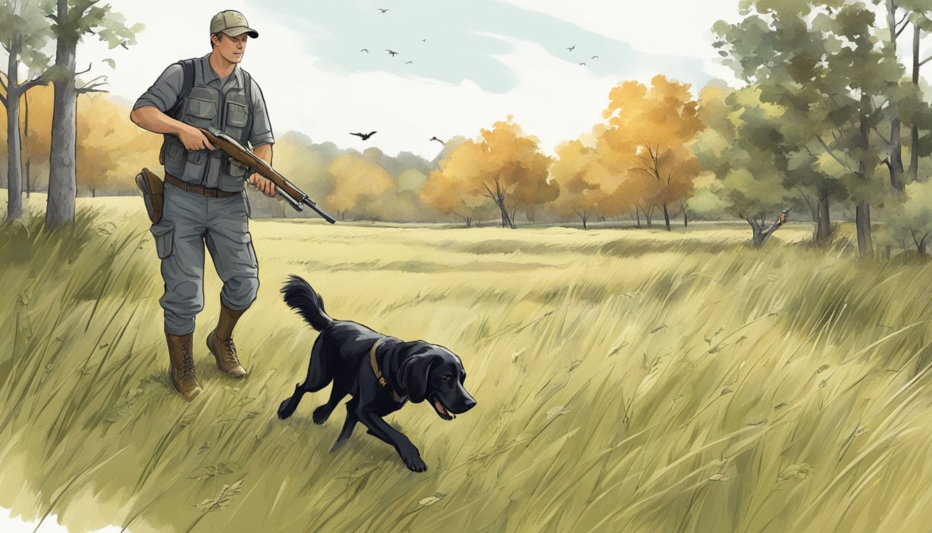 A gun dog trainer instructs a retriever to fetch a fallen bird in a grassy field with scattered bushes and trees