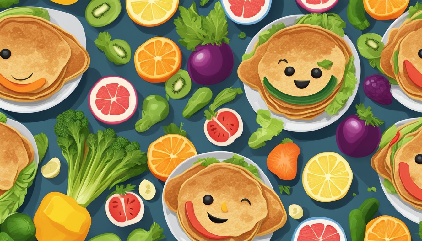 A plate of colorful veggie face pancakes arranged in a playful and creative manner, surrounded by various fruits and vegetables