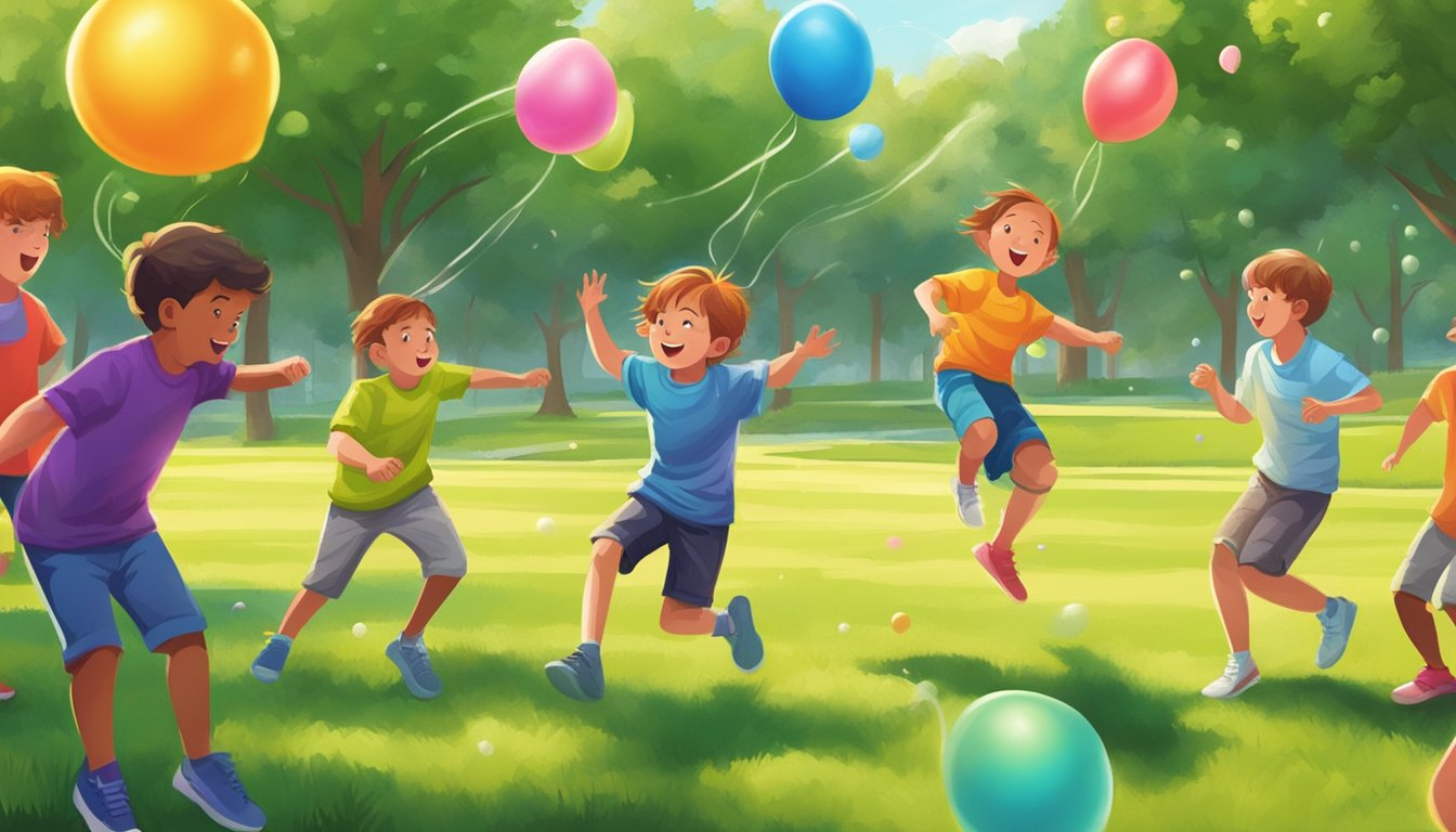 Children play water balloon dodgeball in a grassy park, dodging and throwing colorful balloons on a sunny summer day