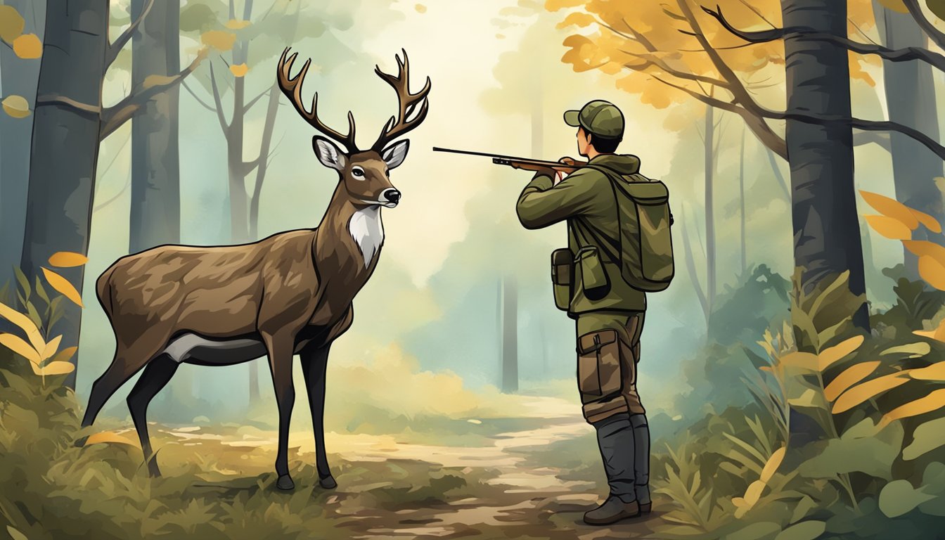 A young hunter in camouflage aiming a bow at a deer in a forest clearing with a sign promoting conservation and ethical hunting