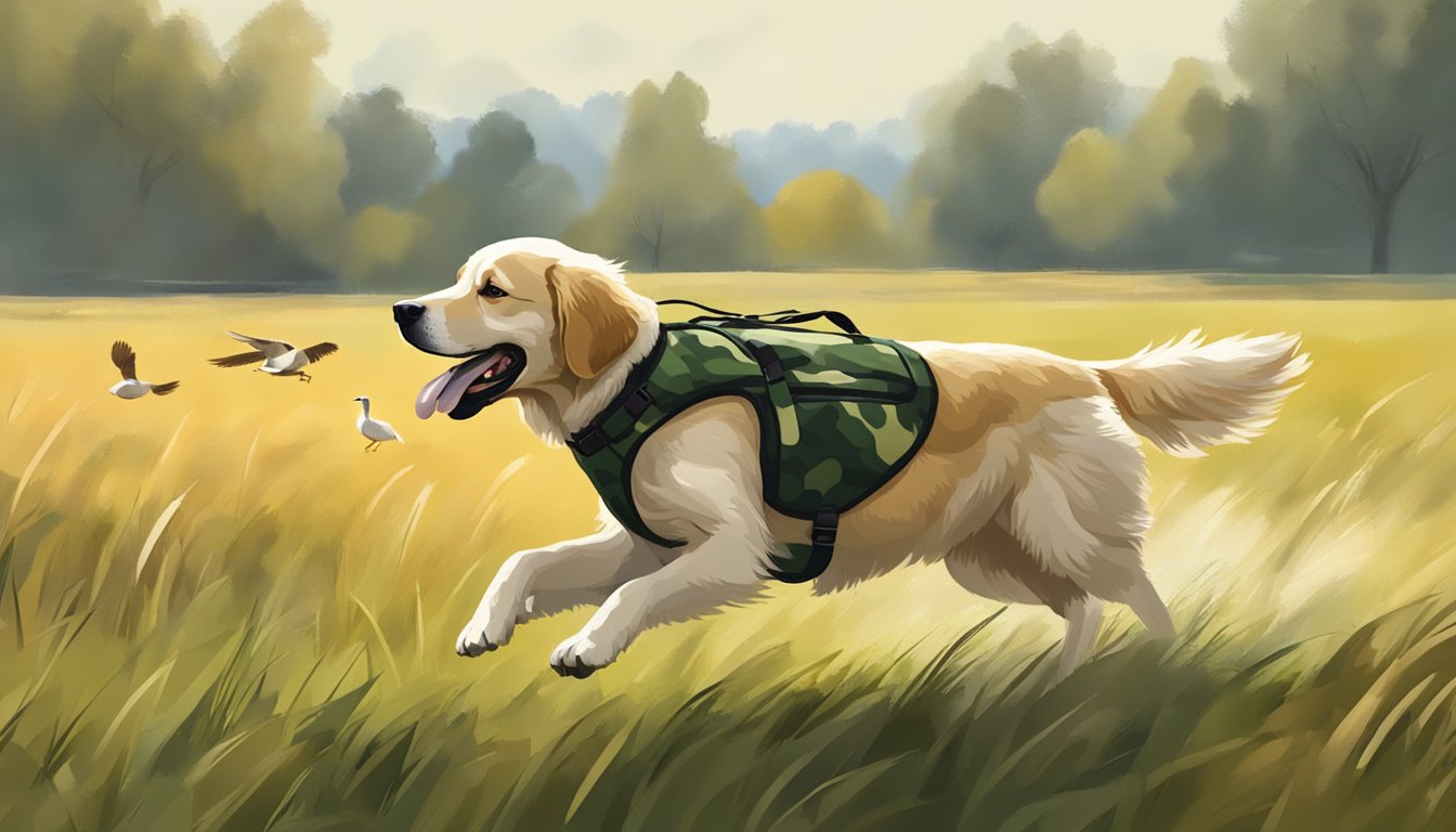 A retriever dog runs through a field, carrying a duck in its mouth. A trainer watches from a distance, holding a whistle and wearing a camouflage vest