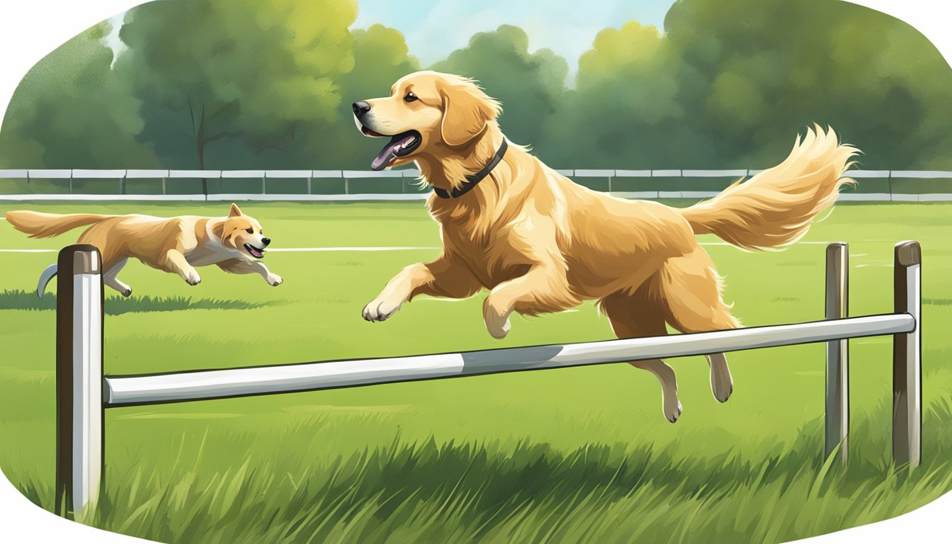 A golden retriever leaps over hurdles in a grassy field, while a trainer watches closely, holding a whistle and a bag of treats