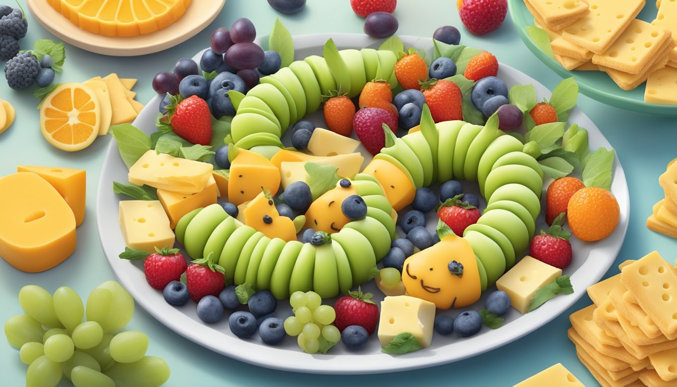 Colorful caterpillar made of cheese, crackers, and fruit crawling across a plate, surrounded by other playful edible creations