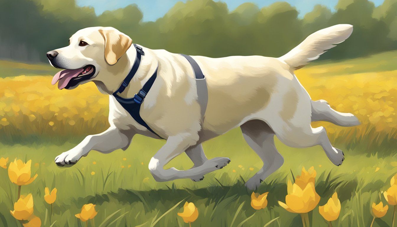 A Labrador retriever running through a field, carrying a duck in its mouth. A trainer stands nearby, giving commands