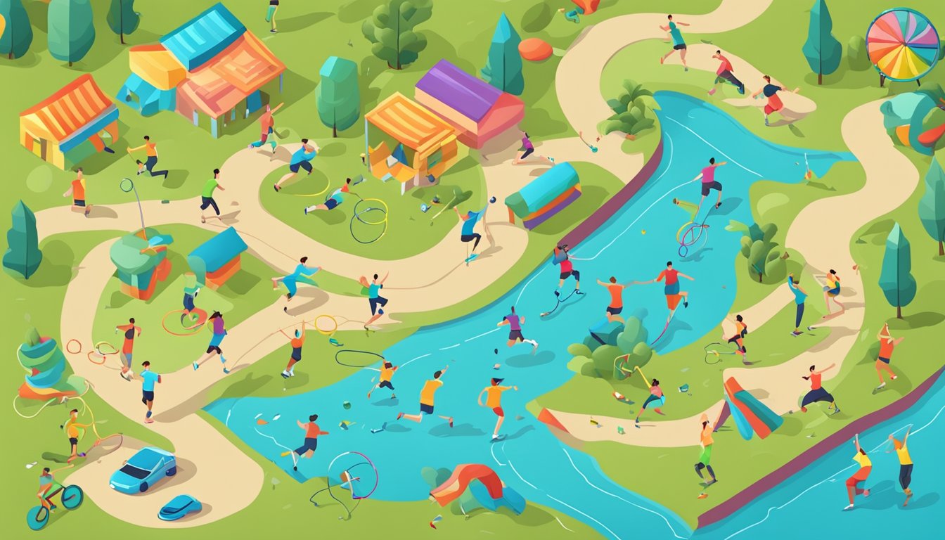 A colorful map with various fitness activities like jumping, running, and stretching, surrounded by playful equipment like jump ropes and hula hoops