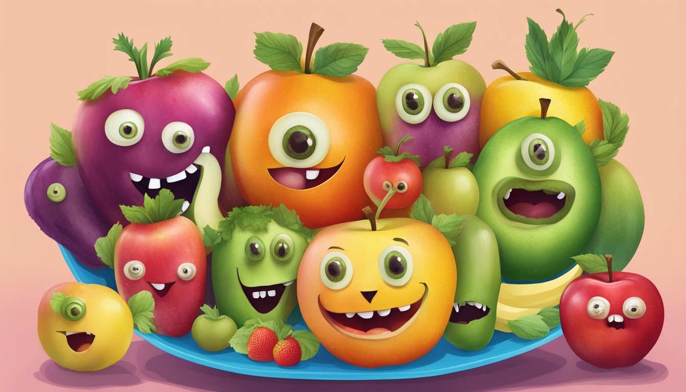 Apple monsters with funny faces made from various fruits and vegetables, arranged on a colorful plate