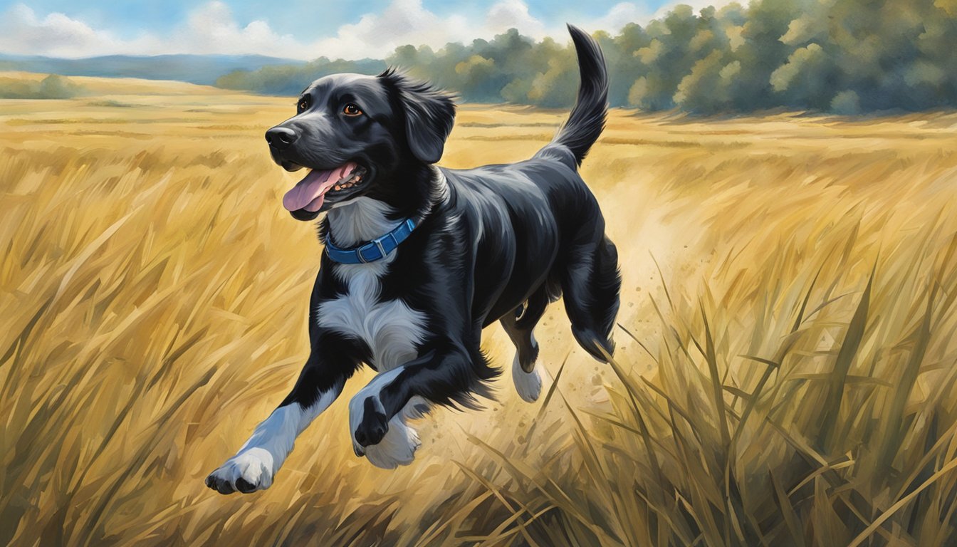 A gun dog runs through an open field in Alabama, with a bright blue sky and rolling hills in the background