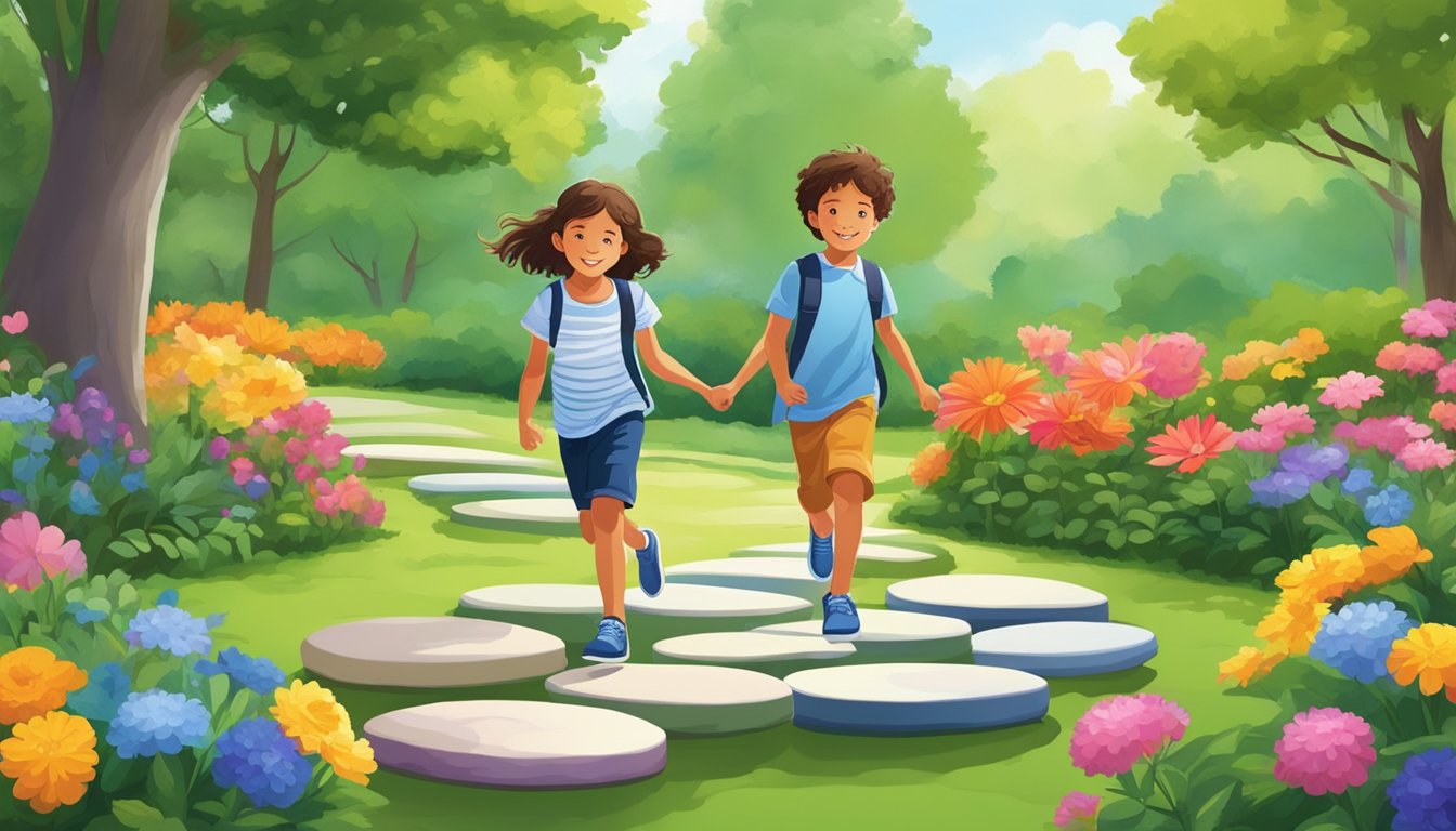 Children balance walk on colorful stepping stones in a lush garden, surrounded by vibrant flowers and trees