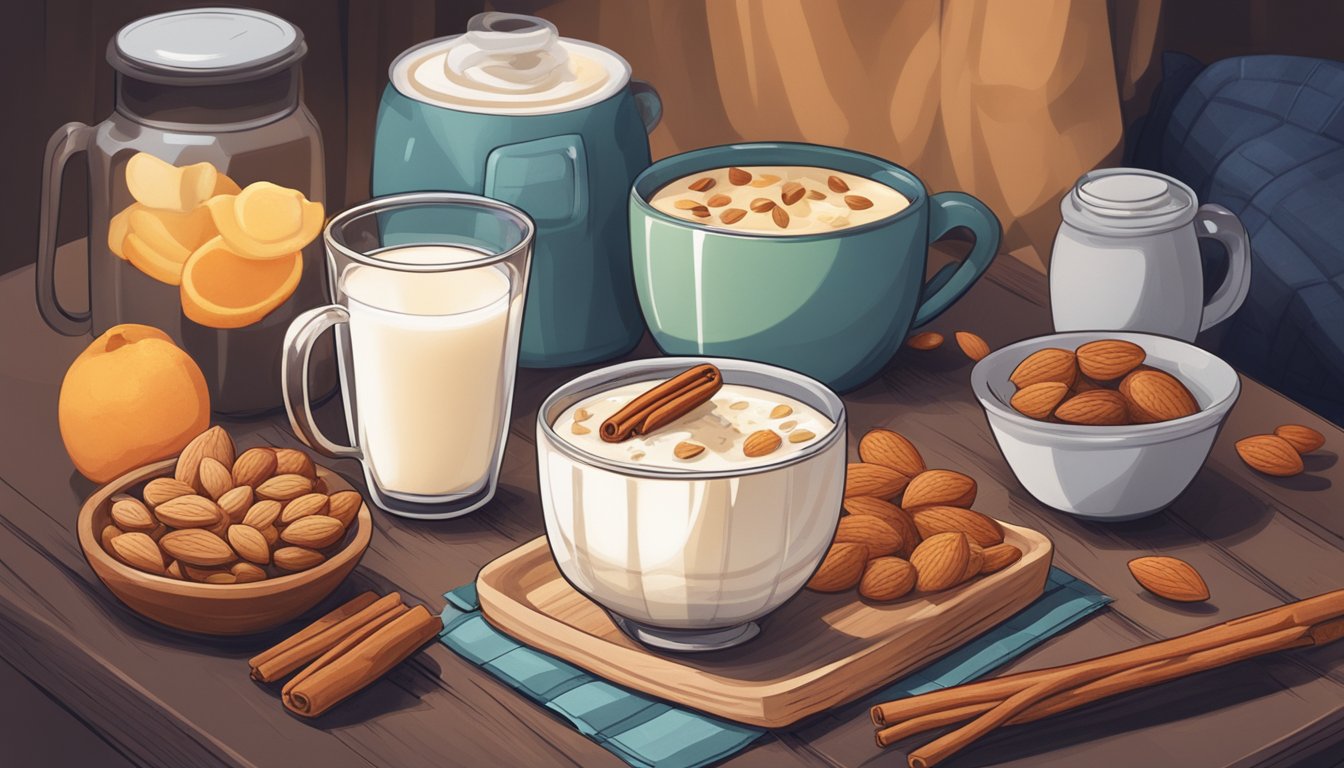 A steaming mug of almond milk with cinnamon sits on a cozy table, surrounded by a selection of healthy late night snacks