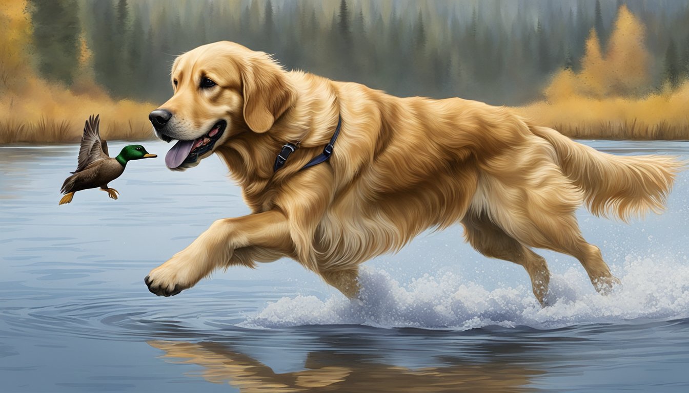 A golden retriever retrieves a duck from a pristine Alaskan lake during gun dog training