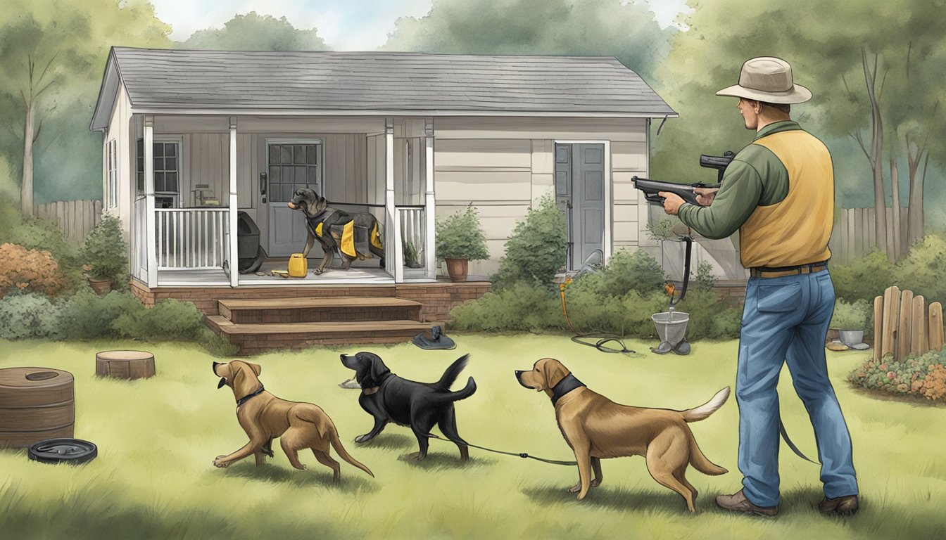 A dog owner in Alabama trains their gun dog in a backyard with a variety of training equipment such as retrieving dummies, a whistle, and a training dummy launcher