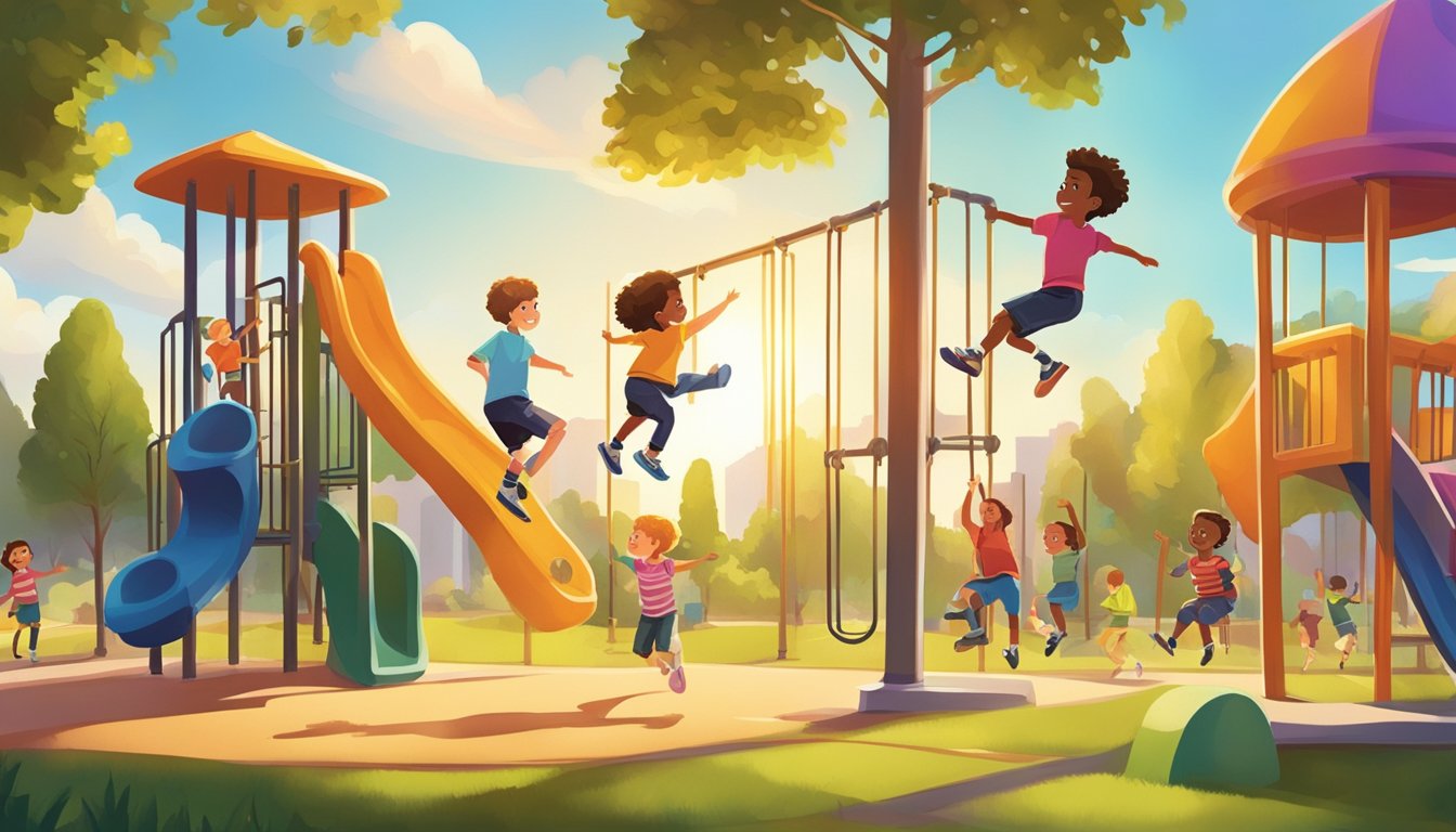 Kids leaping, climbing, and balancing on playground equipment in a vibrant, sunlit park