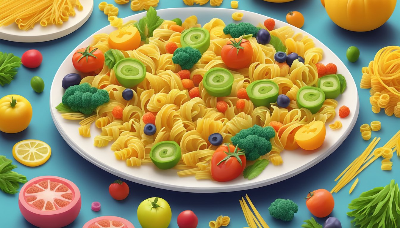 A colorful array of pasta noodle nests arranged in playful patterns on a plate, surrounded by vibrant vegetables and fruits