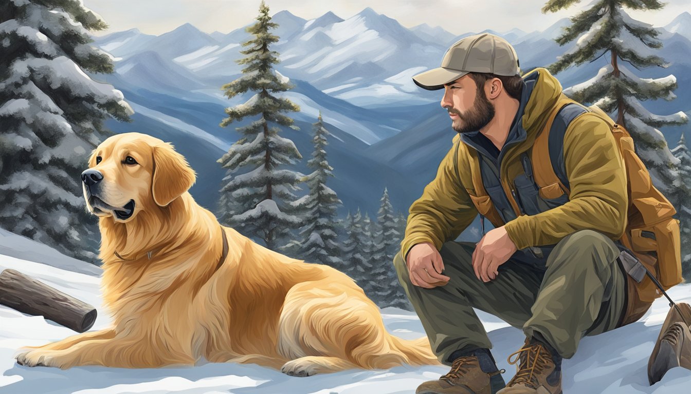 A golden retriever sits obediently beside a hunter in a snowy Alaskan wilderness, surrounded by trees and mountains, as they undergo essential gun dog training