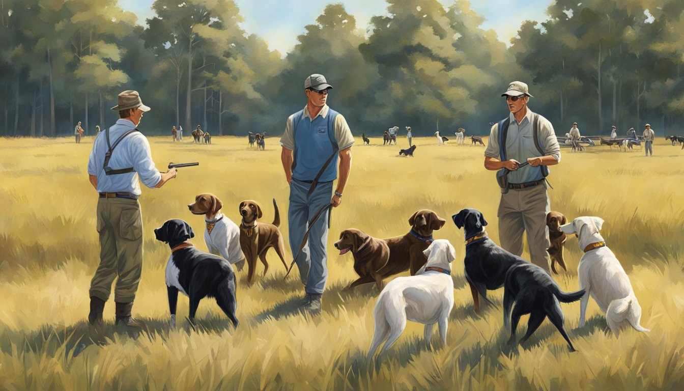 A group of gun dogs and their trainers gather in a field, practicing obedience and retrieving skills under the Alabama sun