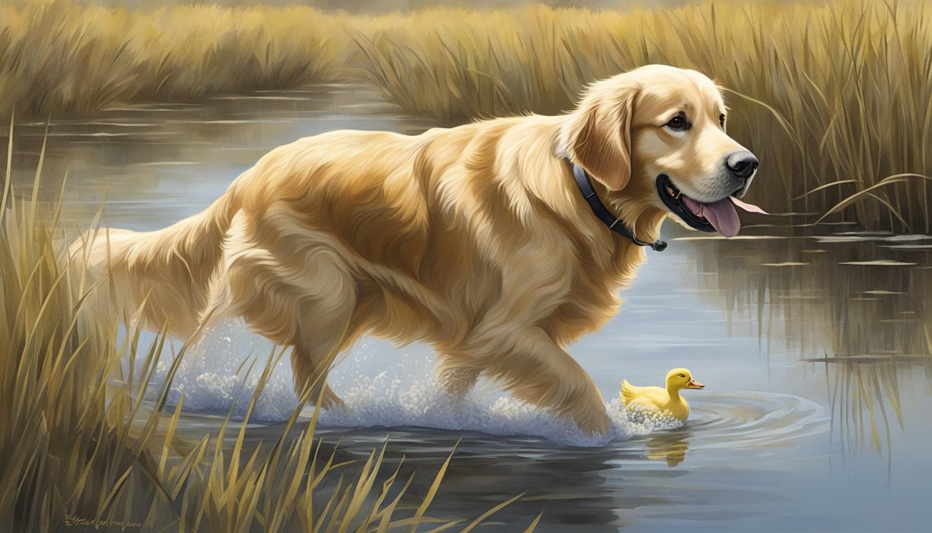 A golden retriever eagerly retrieves a duck from a serene Maryland marsh, guided by a handler's whistle and hand signals