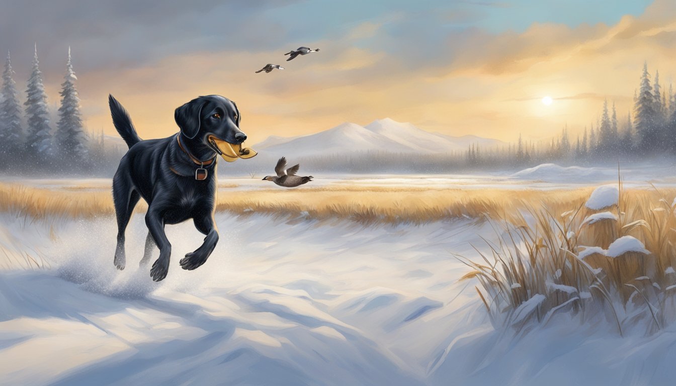 A gun dog retrieves a duck in a snowy Alaskan field